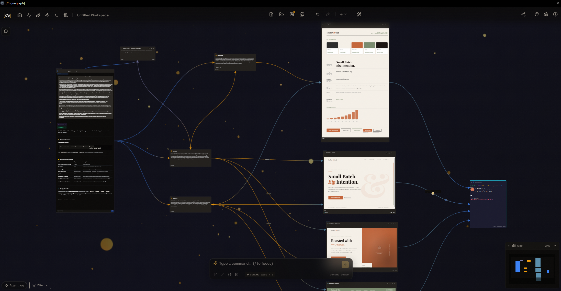 Cognograph canvas with multiple connected nodes and live HTML artifact previews of a brand guide